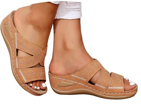 VBEDKDEB Chaussures orthopédiques pour femme - Mules d'été - Talon compensé - Élégantes - En cuir - Confortables - Antidérapantes - Pour la plage et les vacances, marron, 38.5 EU