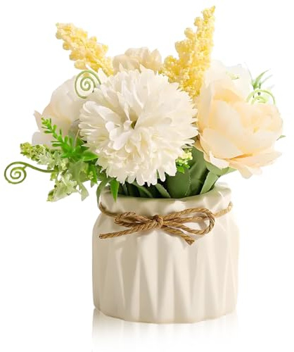 YTZWkit Artificial Flowers in Vase, Faux White Hydrangea Flowers with Ceramic Vase, Fake Flower Plants in Pot for Table Living Room Bedroom Office Coffee Shop Party Home Indoor Decoration
