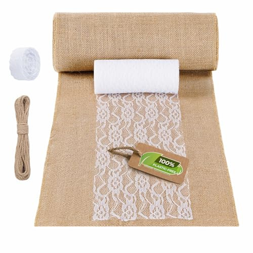 Jute Tischläufer Set,BIIGDAN Tischläufer Natur Jute mit Spitzenstreifen in 2 Größen und Juteband,Geeignet für Hochzeiten, Feste, Events, Tischdekorationen, Partys, Feiern（30 x 1000cm）