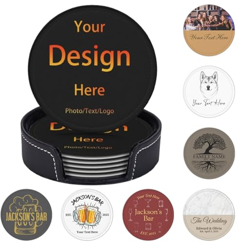 Personalisierte Untersetzer, 6er-Set, personalisierbar, Lederuntersetzer für Getränke, Untersetzer, individueller Fototext, Logo, Getränkematte, Becherhalter für Bar, Kaffee, Restaurant, Küche