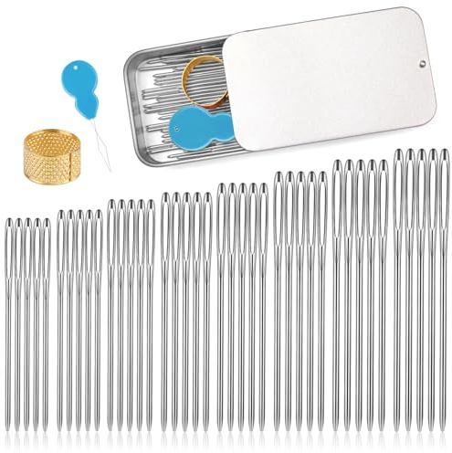 SUVSOON Large-Eye Blunt Needles, Steel Yarn Needle, Thimble, Darning Needles with Iron Box for Sewing Knitting Crafting Weaving Crochet Tapestry (Silver, 8 sizes/40 pcs)