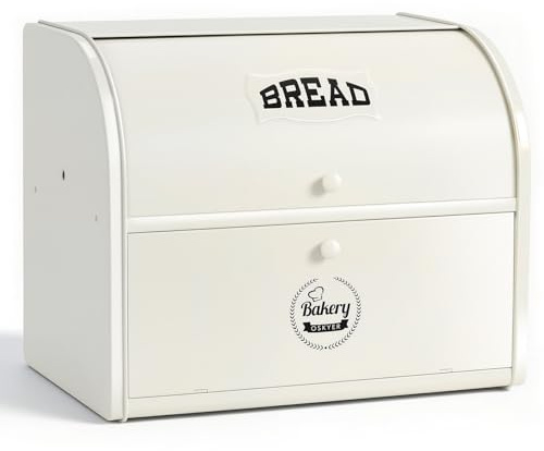 Esilihom Extra-large Bread Bins, Cream Bread Bin with Roll Top Lid, 2-Layer Kitchen Storage Box for Loaves, Pastries, Cookies 40cm x 24cmx 32cm