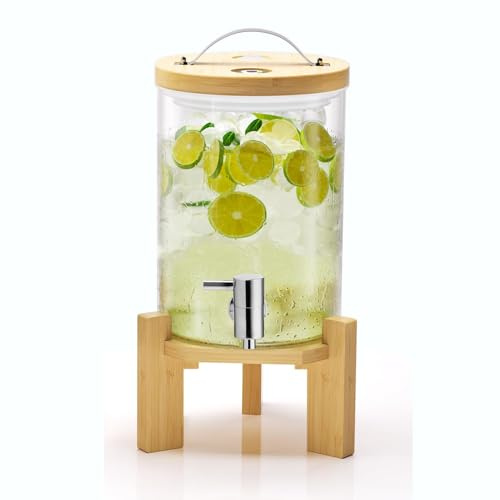 LYXXW Distributore Bevande in Vetro, Macchina per Bevande con Supporto in Legno e Rubinetto, Distributore Acqua e Succhi per Matrimoni da 11 Litri, Barattolo per tè Freddo,3L