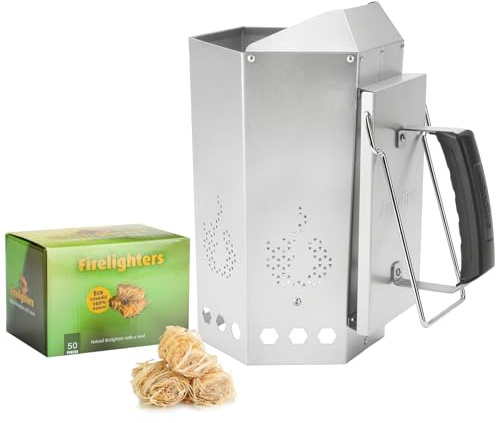 onlyfire Galvaniserat Stål Polygonal Skorstenständare + 50 Naturliga Braständare - Koltändare för Grill och Rök