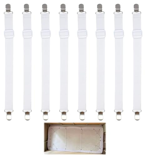 Lot De 8 Tendeurs De Drap Housse Réglables Avec Clips Métalliques, Sangles Élastiques De 24 À 121 Cm Pour Lit, Canapé D’Angle, Fauteuil Et Matelas – Faciles À Utiliser, Durables Et Polyvalents (Blanc)