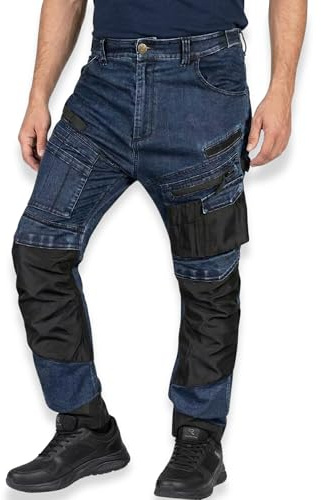 NEO TOOLS Robuste Jeans Arbeitshose - Strapazierfähige Bundhose für Herren aus Denim, 400 g/m² mit Kniepolstertaschen, Oxford-Verstärkungen & Stretch-Anteil