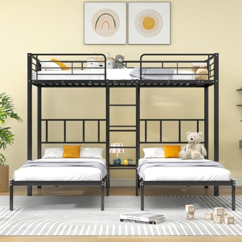 Letto a castello 3 posti 90 x 200 cm con scala, letto a soppalco a 3 posti per bambini e adolescenti, letto per bambini con barriera in ferro con barriera di sicurezza e tavolo (nero, 90 x 200)