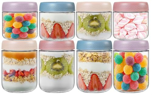 Overnight Oats Jar Container set 8, Glass Mason Jars with Lids, 4Pc 480ml and 4Pc 360ml Cereal Milk Vegetable Fruit Salad Jam Protein Porridge Clear Storage Containers, Breakfast Pots with Lid
