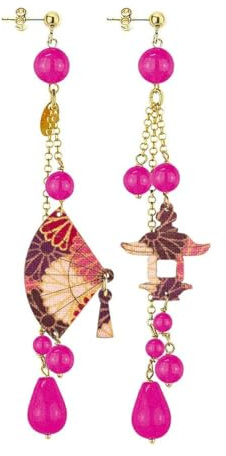 Lebole Orecchini Donna, Orecchini Donna Pendenti Eleganti e Leggeri, con Tessuti di Antichi Kimono Giapponesi, Pietre Naturali e Ottone Galvanizzato Oro, Gioielli Donna Artigianali Made in Italy