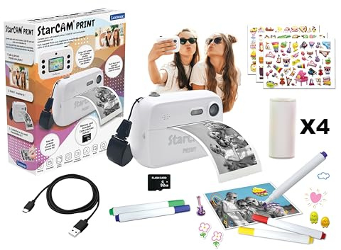 Lexibook StarCAM Print, Confezione di fotocamera con stampante istantanea, funzione foto e video, scheda SD da 32 GB e kit di personalizzazione foto inclusi, DJ150LXB