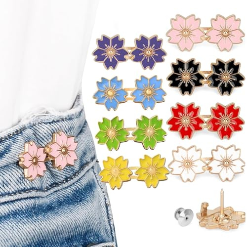 8 pezzi pantaloni a vita rassodanti, jean button stringhe, senza cuciture e senza attrezzi, bottoni rimovibili in jeans per jeans sciolti, bottoni istantanei regolabili, fiori di ciliegio