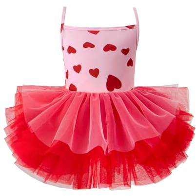Toddler Girls Tutu Dresses Strap Shiny Tulle Ballet Leotard Ballerina Outfits for Dance Red Heart 6-8 Years