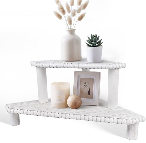MITREL 2-Tier Rustic Corner Shelf for Kitchen Counter,Wood Beaded Farmhouse Countertop Organizer with Removable Feet, Stackable Bathroom Vanity & Coffee Bar Decorative Riser Stand(Rustic White)