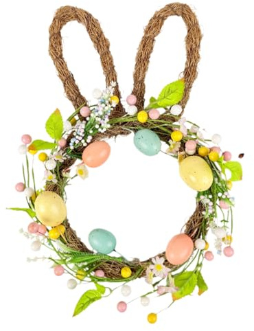Coronas de conejo de Pascua de 35 cm con forma de huevo de Pascua, corona de puerta de primavera, decoración de corona artificial, huevos coloridos y coronas de orejas de conejo para primavera, Pascua