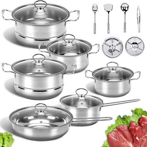 Gugxiom 18-Teiliges Edelstahl-Kochgeschirr-Set, Topfset mit Glasdeckeln und kühler Griff, Geeignet für Induktionsherde und Alle Herdarten