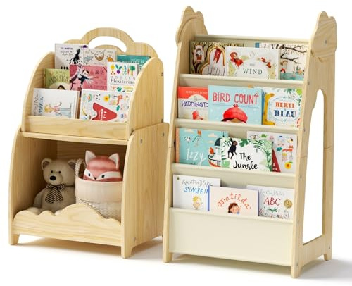 CUPCHID 3-in-1 Kinderregal, Holz Kinder Bücherregal mit Spielzeugregal & Hängetasche & Offenem Fach, Tragbares Holzregal mit Tragegriff für Schlafzimmer, Spielzimmer, Kinderzimmer, Lernzimmer