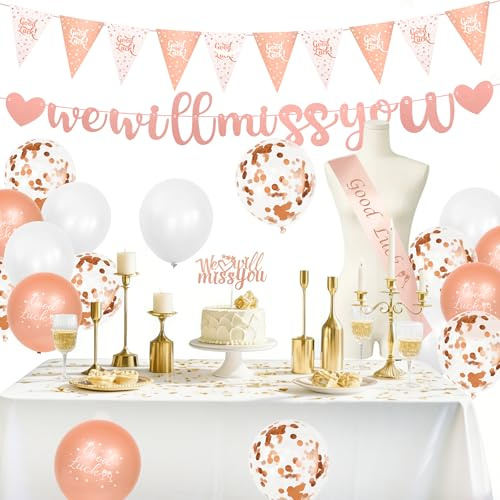 28Pcs Rose Gold Leaving Decorations, We Will Miss You Leaving Banner Good Luck Balloons Triangle Flag Good Luck Sash Cake Topper for Retirement Graduation Farewell Decorations