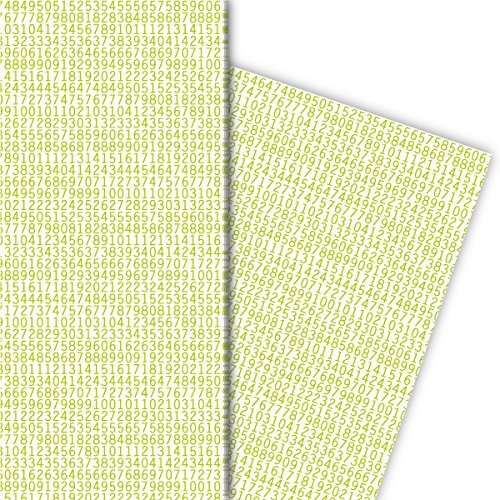 Modernes Geschenkpapier Set (4 Bogen) Dekorpapier mit Zahlenreihe auch zur Einschulung, grün, für tolle Geschenk Verpackung und Überraschungen zum Schulanfang 32 x 48cm