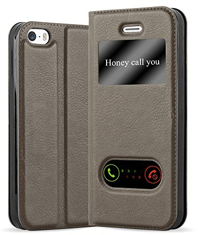 cadorabo Coque pour Apple iPhone 5 / iPhone 5S / iPhone SE en Marron Pierre - Housse Protection avec Stand Horizontal et Deux Fenêtres - Portefeuille Etui Poche Folio Case Cover