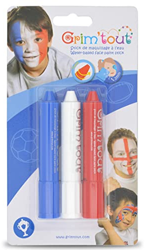 GRIM'TOUT Kit Maquillage Enfant - Bleu, Blanc, Rouge - 3 Grimsticks Spécial Sport - Crayons de Couleurs, Maquillage à l’Eau - Faciles à Appliquer et Nettoyer - Makeup Sur Pour la Peau - Normes CE