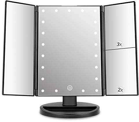 deweisn Tri-FoldLighted Kosmetikspiegel mit 3-fach/2-fach/1-facher Vergrößerung, 21 LED-Leuchten und Touchscreen, dimmbarer Make-up-Spiegel, Tisch-Make-up-Spiegel, Reise-Kosmetikspiegel