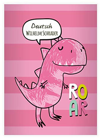 16 personalisierte lustige Dino DIN A4 Schulhefte, Schreibhefte mit Dinosaurier auf Streifen, rosa Lineatur 20 (blanko Heft 16 Blatt/32 Seiten) Notizheft, Kladde für Schule, Hausaufgaben, Mitgebsel