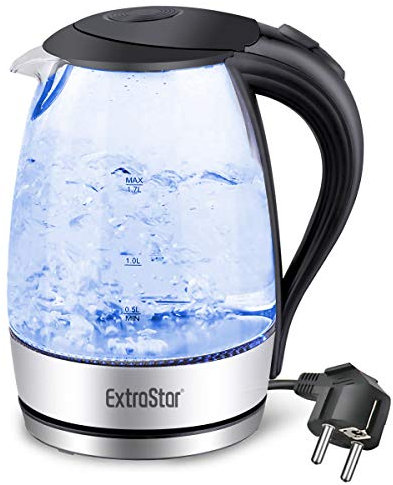 EXTRASTAR Elektrischer Wasserkocher aus Wasserglas mit blauem LED-Licht, bpa, automatischer Abschaltung und Trockenkochschutz 1.7l