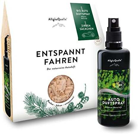 AllgäuQuelle® BIO Auto-Duft-Set ENTSPANNT FAHREN | Lufterfrischer: Duftspray & Duft-Säckchen als natürlicher Duftbaum | Auto-Erfrischer Spray | Auto-Zubehör Set für Auto Innenraum und Wohnmobil