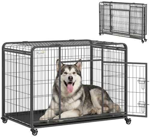 PawHut Metal Dog Cage Kennel Locking Door & Wheels Removable Tray Openable Top For Extra Large Pets 125 x 76 x 81 cm