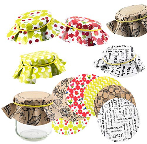 Logbuch-Verlag 30 centrini per barattoli di marmellata miele confettura decorare bicchiere color rosso verde marrone bianco diversi design 6 cm