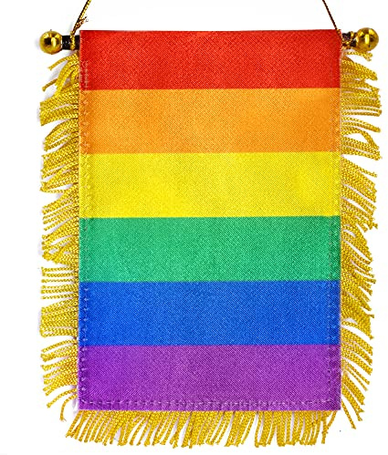 Anley 4 x 6 Zoll Regenbogen-Fringy-Fenster-Hängeflagge - Mini-Flaggen-Banner & Auto-Rückspiegel-Dekor - Fransen & Doppelseitig - Regenbogen-LGBT Hängeflagge mit Saugnapf