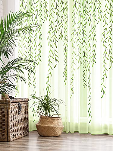 Breling Willow Voile Curtains Cute Green Sheers Leaf Tulle Vine Window Sheers Ivy Pretty Curtain for Living Room Bedroom Window Door Balcony(2 Pieces,39.4 x 78.7 Inch)