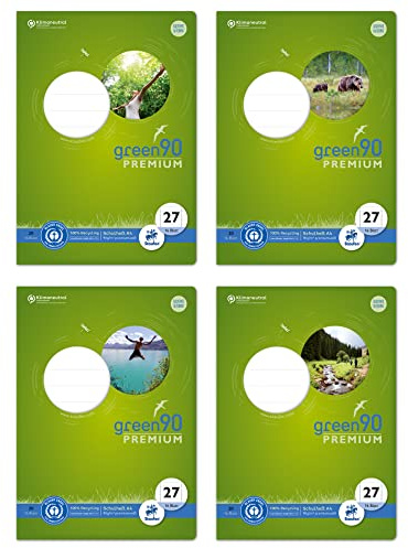 Staufen Green Heft - DIN A4, Lineatur 27 (9mm liniert mit Randlinien), 16 Blatt, premiumweißes 90g/m² Recyclingpapier, runde Ecken verhindern „Eselsohren“, 5 Stück