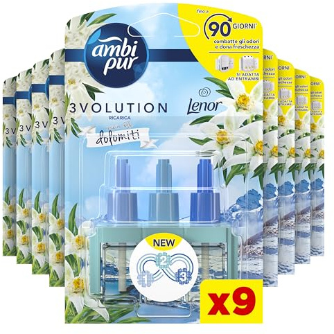 Ambi Pur 3Volution Profumatore per Ambienti, 9 Ricariche per Diffurore Elettrico, Fragranza Dolomiti, tecnologia Elimina Odori, Fino a 90 Giorni di Profumo per Ricarica