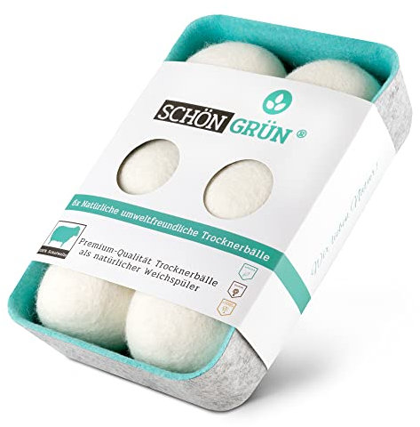 schön grün Tumble Dryer Balls, 6 Pack - 100% Sheep's Wool - Natural & Environmentally Friendly - Fragrance-free - Premium Quality - Dryer Balls with Storage Box