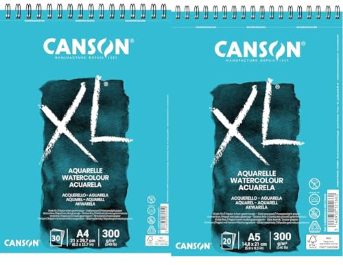 Lote de Canson XL A4 + A5, Papel de Acuarela, Prensado en frío, 300g, Espiralados sobre el lado corto, Blanco
