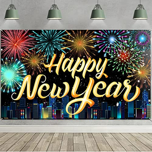 HOWAF Silvester Deko 2027, Extra Große Happy New Year Banner Frohes Neues Jahr Banner Stoff Foto Hintergrund für Neujahr Deko 2027 Silvesterparty Silvesterdekoration, 185x110cm, Multicolor