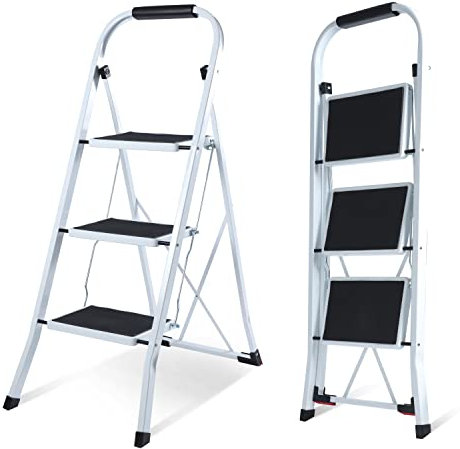 EPROSMIN 3 Step Ladder –Folding Step Ladder, Portable With Anti-Slip Mat & Comfortable Soft Handgrip, Heavy Duty Steel Step Ladder - Easy to Store Step Ladders, 150KG Max Capacity (3 Step - White)