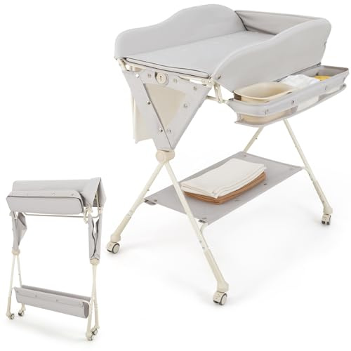 LIFEZEAL Baby Wickeltisch, Wasserfeste Badewanne, Wickelauflage faltbar aus Waldorf-Strickstoff und PP, 11 KG Tragkraft, für Babys 0-6 Monate (Grau)