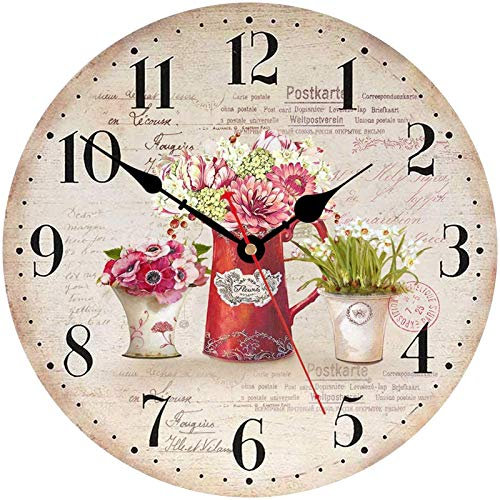 TAHEAT 30 cm Pendule Murale, Vintage Fleurs Plantes Horloge, Bois Silencieuse Originale Pendule Murale pour Le Salon/Chambre/Salle de Bains/Cuisine