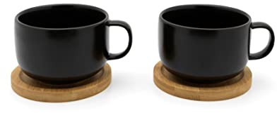 2-teilige schwarze Keramik Teetassen mit Henkel & Holz-Untersetzer - 250 ml Teebecher aus Steingut