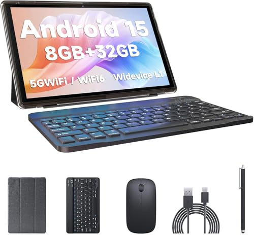Tablette 2 en 1 avec étui clavier, souris et stylet, tablette Android 14 tablettes PC, 6 Go de RAM + 32 Go de ROM, support extensible de 1 To, batterie 6000 mAh, tablette IPS 10,1, tablette 2 MP + 8