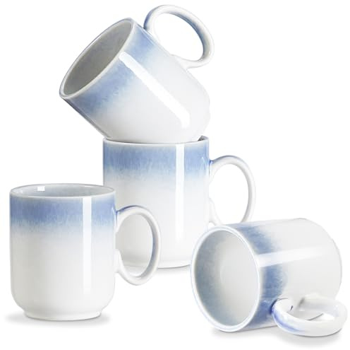 Juego de 4 tazas de café de cerámica de 12 onzas con asa para té, capuchino, latte, cacao, jugo, leche, chocolate caliente, divertida taza azul degradado, regalos de inauguración de la casa, para