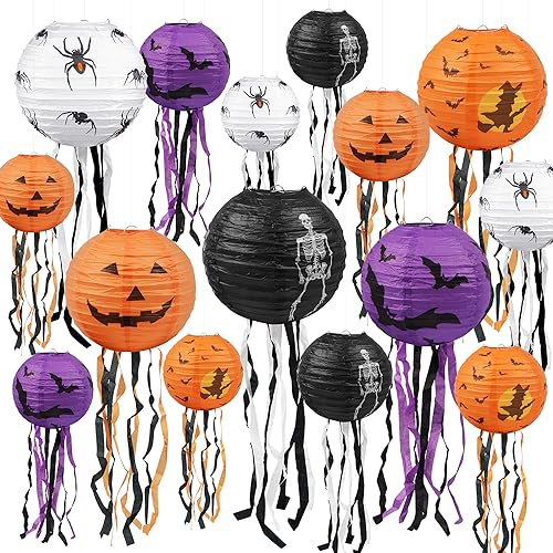 Songjum 15 Stück Halloween-Dekorationen, Papierlaterne, Halloween-Kürbis, hängende Papierlaterne, rund, farbige Laterne für Halloween, Party, Garten, Schlafzimmer, Bar, Innen- und Außenbereich, 3