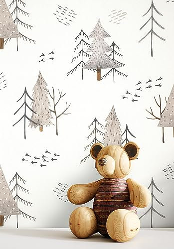 Newroom Tapete Grau Vliestapete Bäume - Kindertapete Kinder Taupe Weiß Tannen Wald Jugendtapete Verspielt Babytapete inkl. Tapezier-Ratgeber
