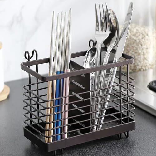Estante Almacenamiento Vajilla Palillos, Cestas Bandejas Cubiertos, Bote Utensilios Cocina Metal, Porta Cubertería Soportes Con 2 Compartimentos Escurre Cubiertos de Cocina Con Orificios Drenaje