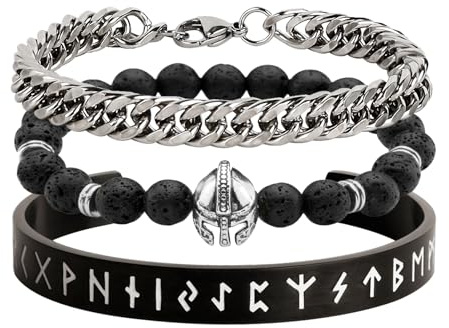 Eigso 3 Stück Silber Lava Rock Viking Celt Manschette Armbänder für Männer Frauen Edelstahl klassische Runenzeichen Armreif für Mann Frau