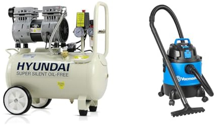 Hyundai HY7524 24 Litre Air Compressor, 5.2cfm/100psi, Silenced & Vacmaster Multi 20 PTO Wet & Dry Vacuum Cleaner, 20 Litre, 1250W Motor