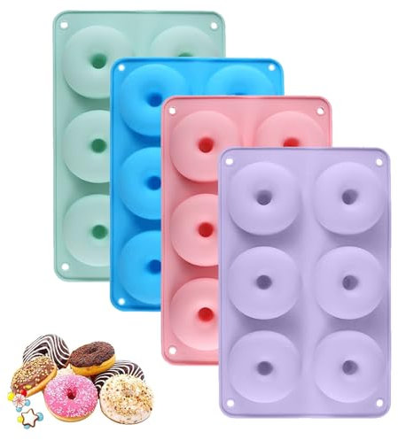 PRVCFZ 4 PCS Donut Mould, Non-Stick 6 Cavity Silicone Doughnut Tray Pan, Large Baking Molds (Blue, Pink, Green, Purple)