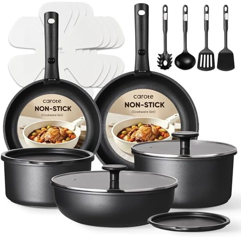 CAROTE 19Pcs Pots and Pans Set Non Stick, Cookware Set Detachable Handle, Nonstick Induction Kitchen Sets Non Stick with Removable Handle, RV Cook Ware, Oven Safe, Black